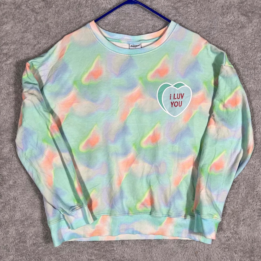 Bums & Roses x Sweethearts Tie Dye Sweatshirt I LUV YOU Pastel Candy Heart L